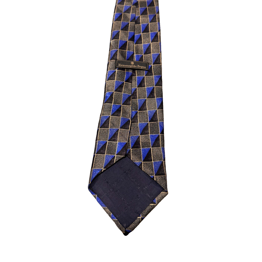 Ermenegildo Zegna Neck Tie Mens Blue Black Slik Geometric Triangle Checkered - Picture 5 of 8